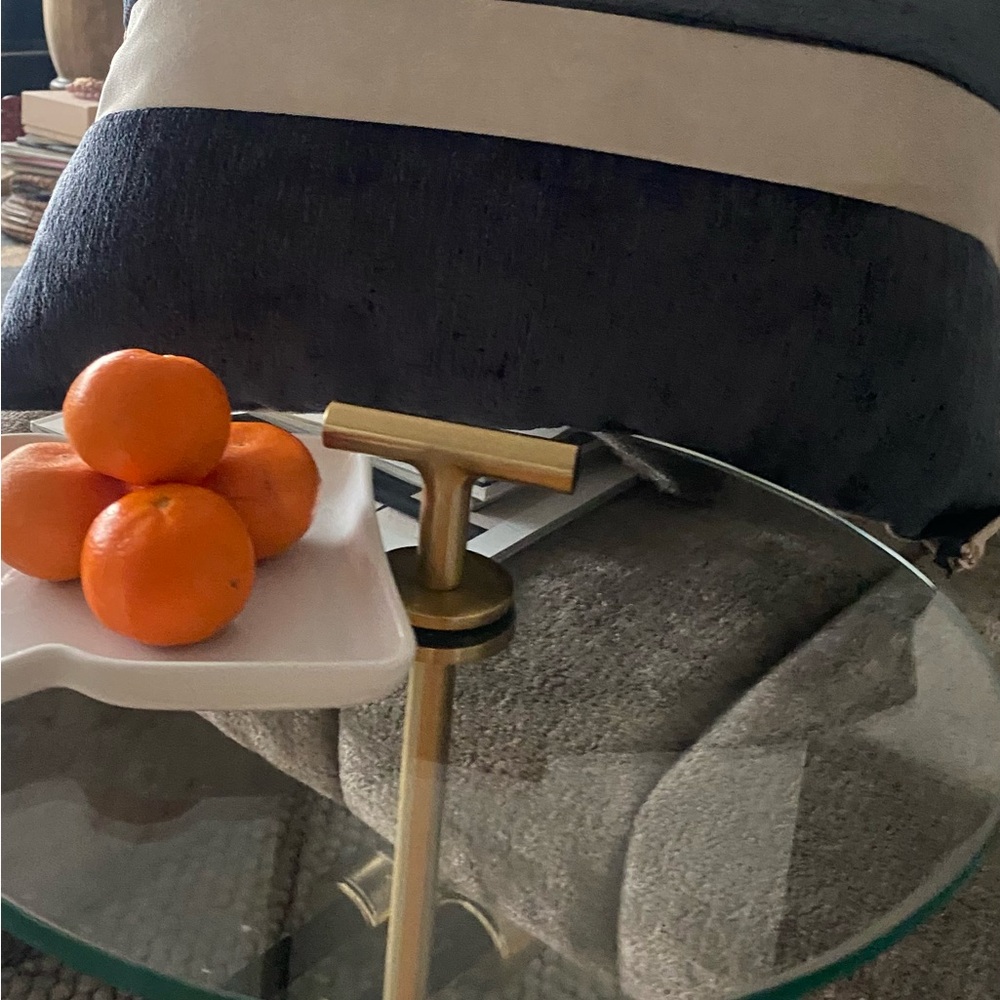 Navy and White Striped Pillow with Beige Linen background